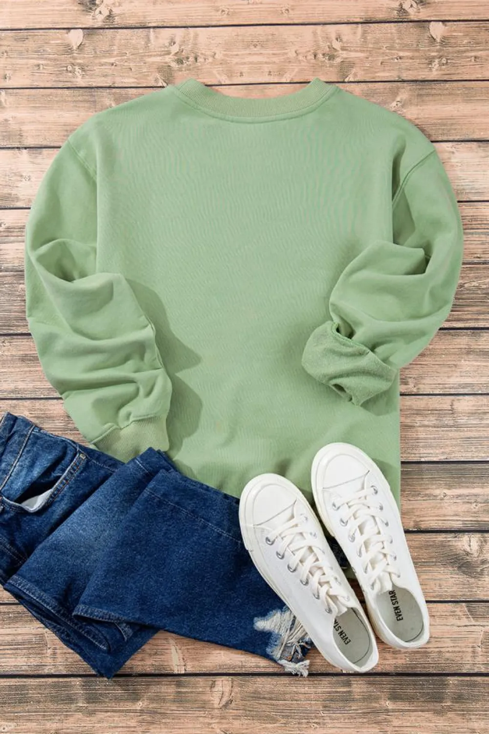 Fashion Dear-Lover Plain Drop Shoulder Crewneck Pullover Sweatshirt Smoke Green