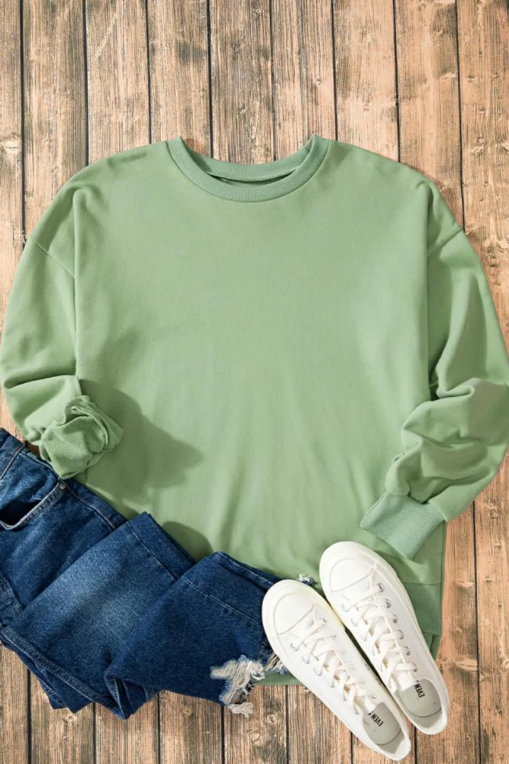 Best Dear-Lover Solid O Neck High Low Hem Pullover Sweatshirt Smoke Green