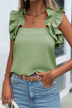 Clearance Dear-Lover Solid Ruffle Trim Sleeveless Top Smoke Green