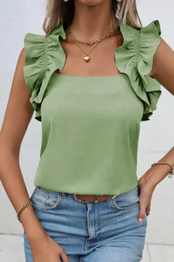 Clearance Dear-Lover Solid Ruffle Trim Sleeveless Top Smoke Green