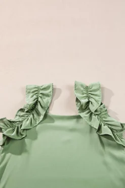 Clearance Dear-Lover Solid Ruffle Trim Sleeveless Top Smoke Green