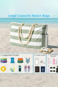 Clearance Dear-Lover Striped Waterproof Canvas Large Capacity Tote Bag Smoke Green