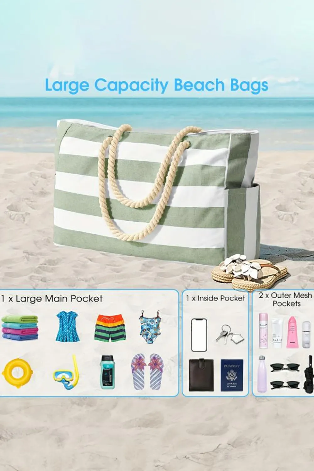 Clearance Dear-Lover Striped Waterproof Canvas Large Capacity Tote Bag Smoke Green