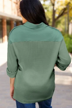 Hot Dear-Lover Waffle Long Sleeve Collar Half Button Loose Top Smoke Green