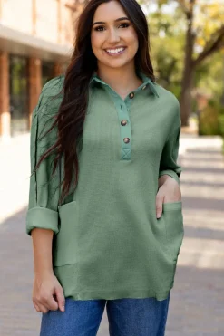 Hot Dear-Lover Waffle Long Sleeve Collar Half Button Loose Top Smoke Green