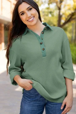 Hot Dear-Lover Waffle Long Sleeve Collar Half Button Loose Top Smoke Green