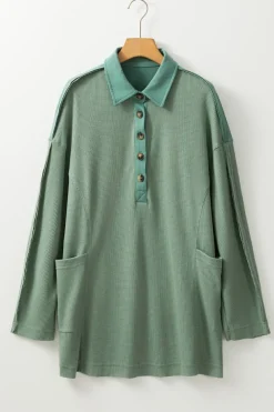 Hot Dear-Lover Waffle Long Sleeve Collar Half Button Loose Top Smoke Green