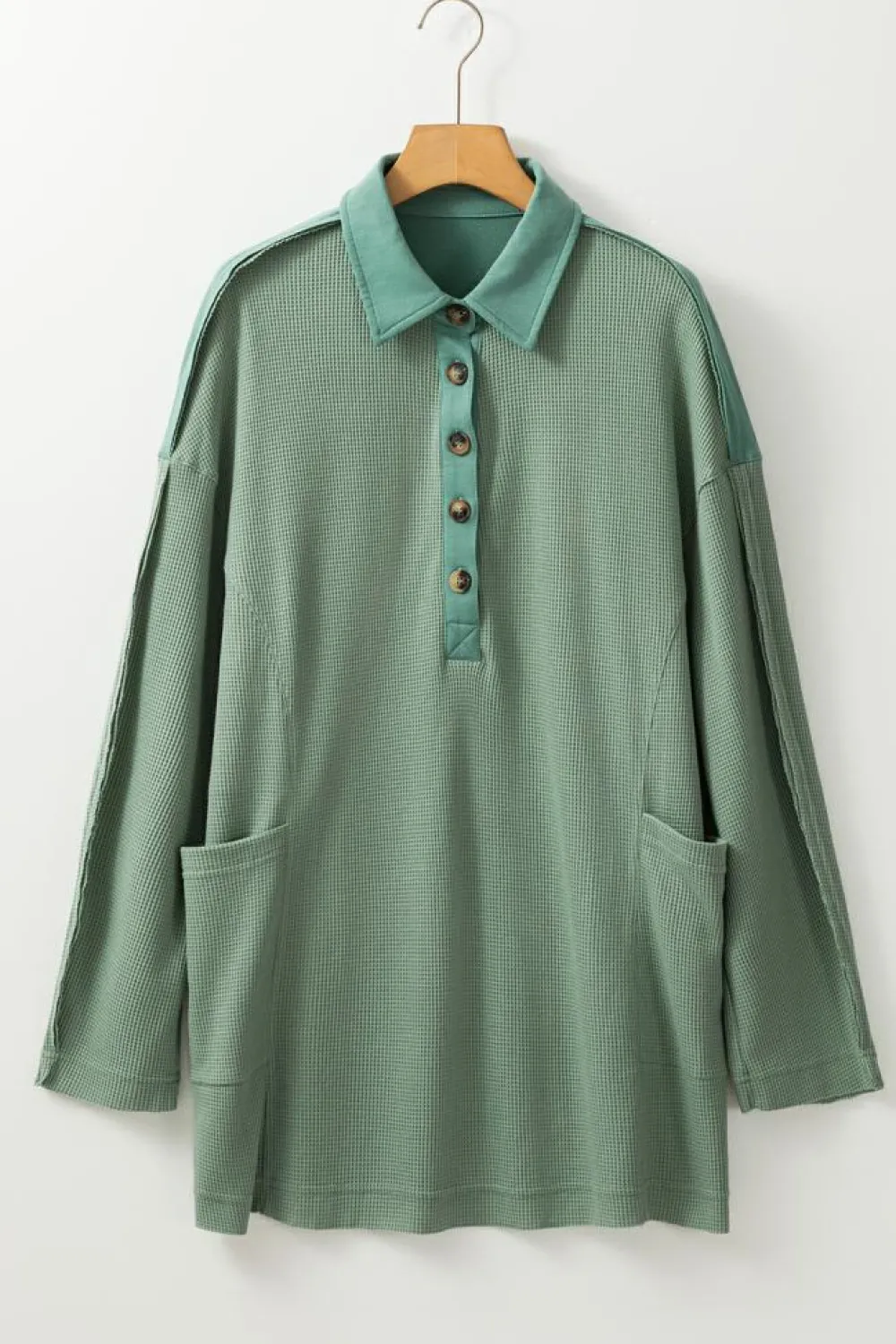 Hot Dear-Lover Waffle Long Sleeve Collar Half Button Loose Top Smoke Green