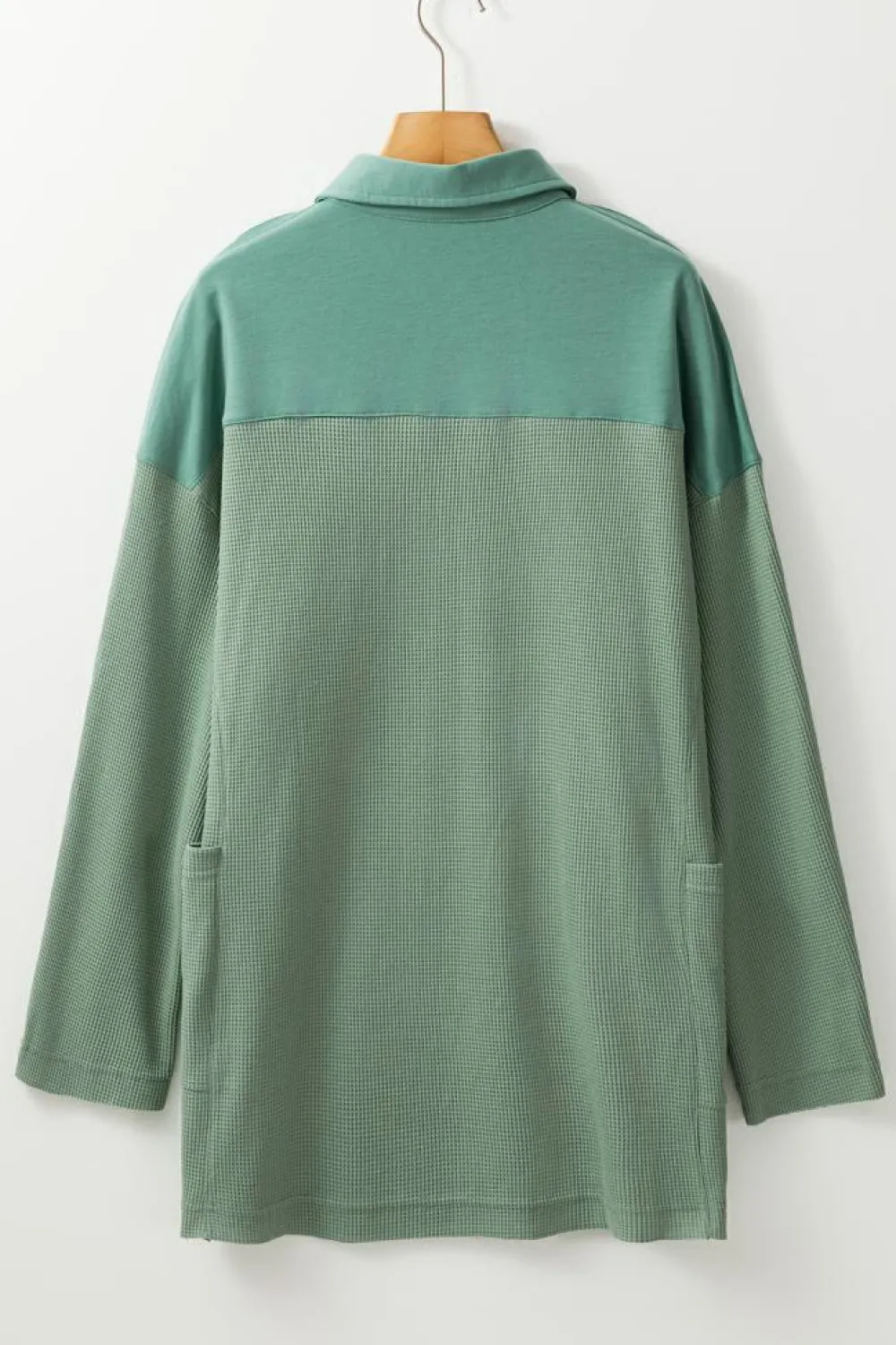 Hot Dear-Lover Waffle Long Sleeve Collar Half Button Loose Top Smoke Green