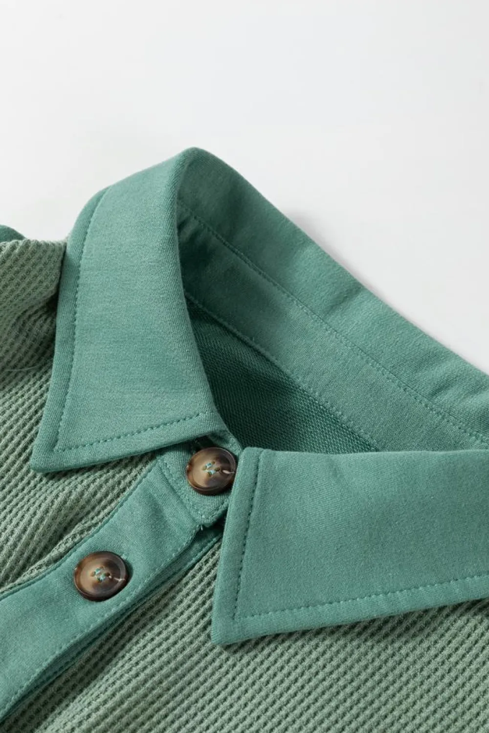 Hot Dear-Lover Waffle Long Sleeve Collar Half Button Loose Top Smoke Green