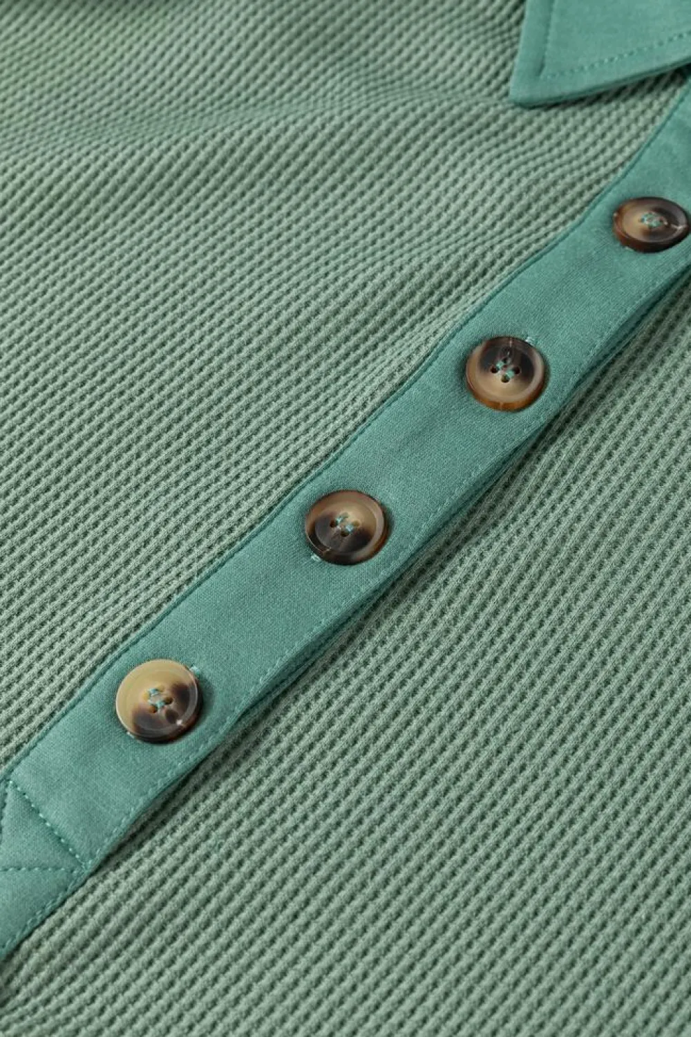 Hot Dear-Lover Waffle Long Sleeve Collar Half Button Loose Top Smoke Green