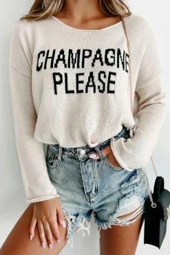 Clearance Dear-Lover Snow Champagne Please Graphic Sweater White