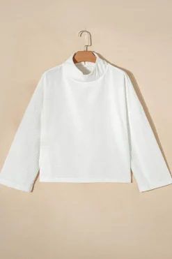 Discount Dear-Lover Snow Ribbed High Neck Drop Shoulder Loose Top White