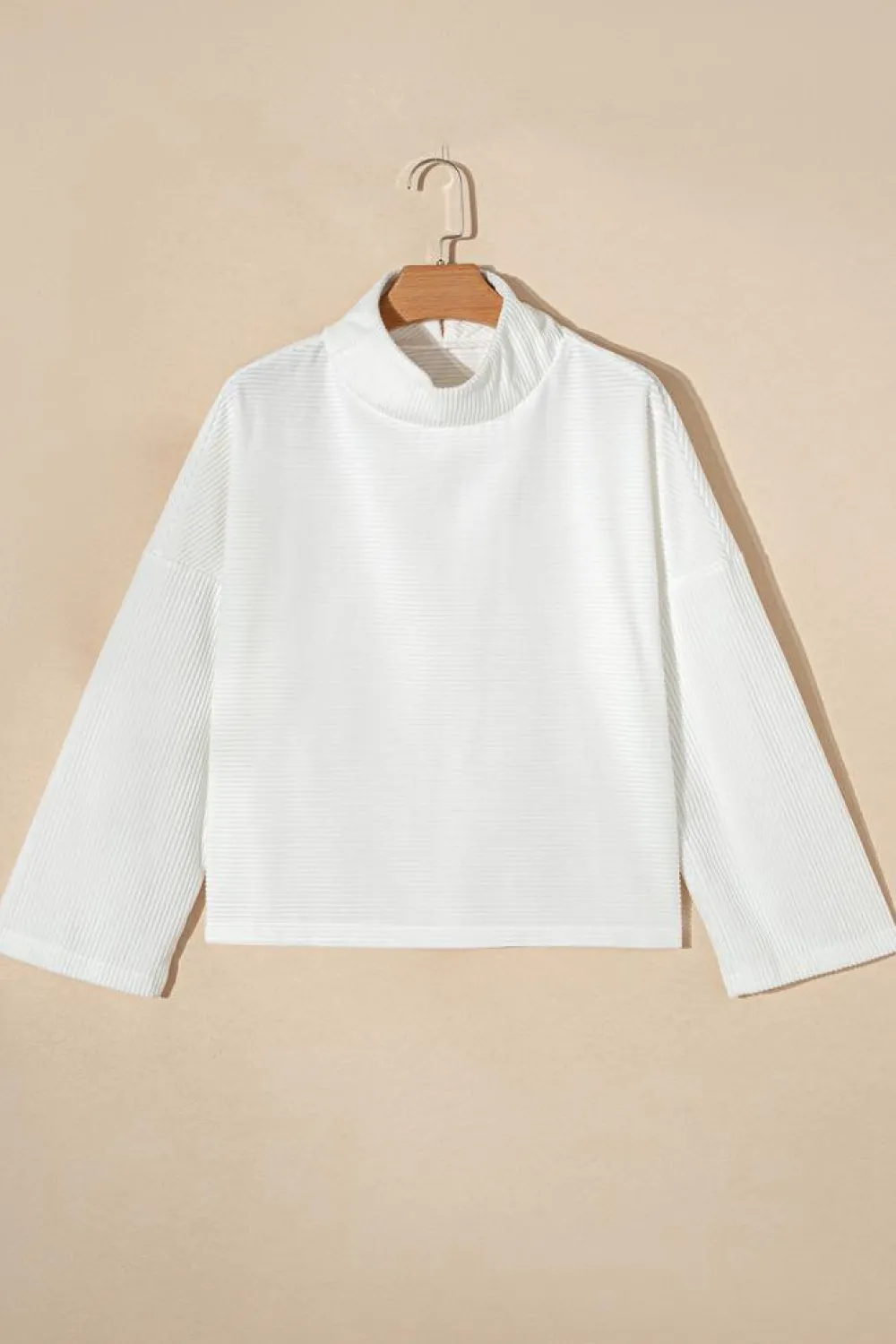 Discount Dear-Lover Snow Ribbed High Neck Drop Shoulder Loose Top White
