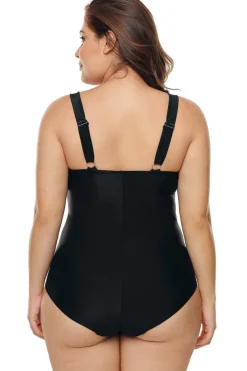 Best Dear-Lover Solid Hollow-out Neck Plus Size Maillot Swimwear Black