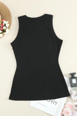 Outlet Dear-Lover Solid Round Neck Ribbed Tank Top Black