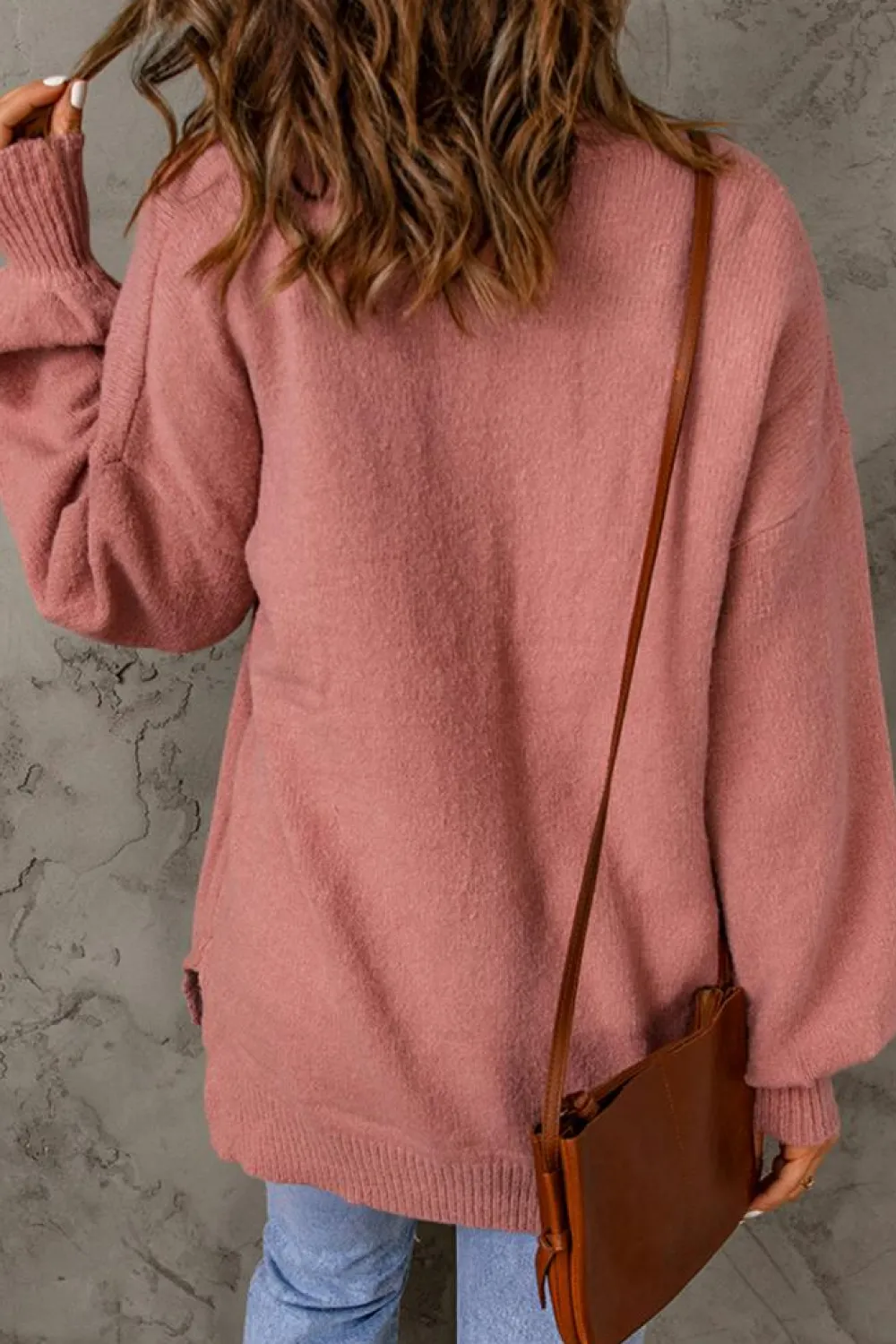 Outlet Dear-Lover Solid Color Puffy Sleeve Pocketed Sweater Fiery Red