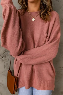 Outlet Dear-Lover Solid Color Puffy Sleeve Pocketed Sweater Fiery Red