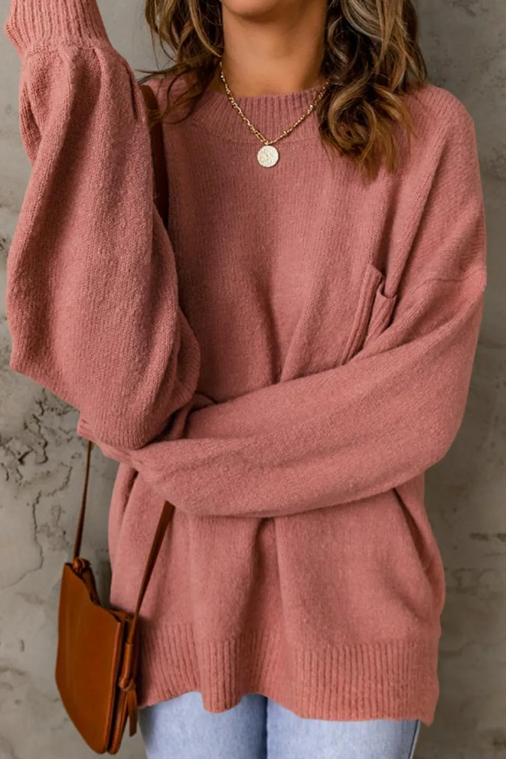 Outlet Dear-Lover Solid Color Puffy Sleeve Pocketed Sweater Fiery Red