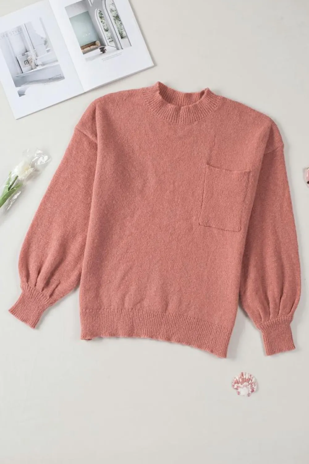 Outlet Dear-Lover Solid Color Puffy Sleeve Pocketed Sweater Fiery Red
