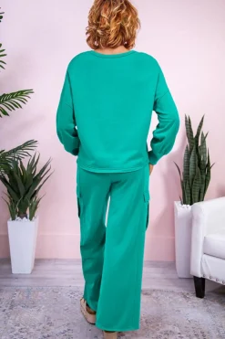 Fashion Dear-Lover Solid Color Pullover Top and Cargo Pants Set Lapis