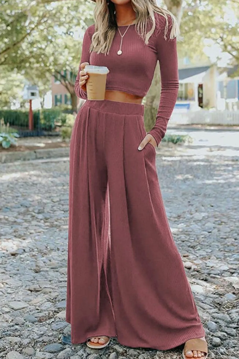 Best Dear-Lover Solid Color Ribbed Crop Top Long Pants Set Pink