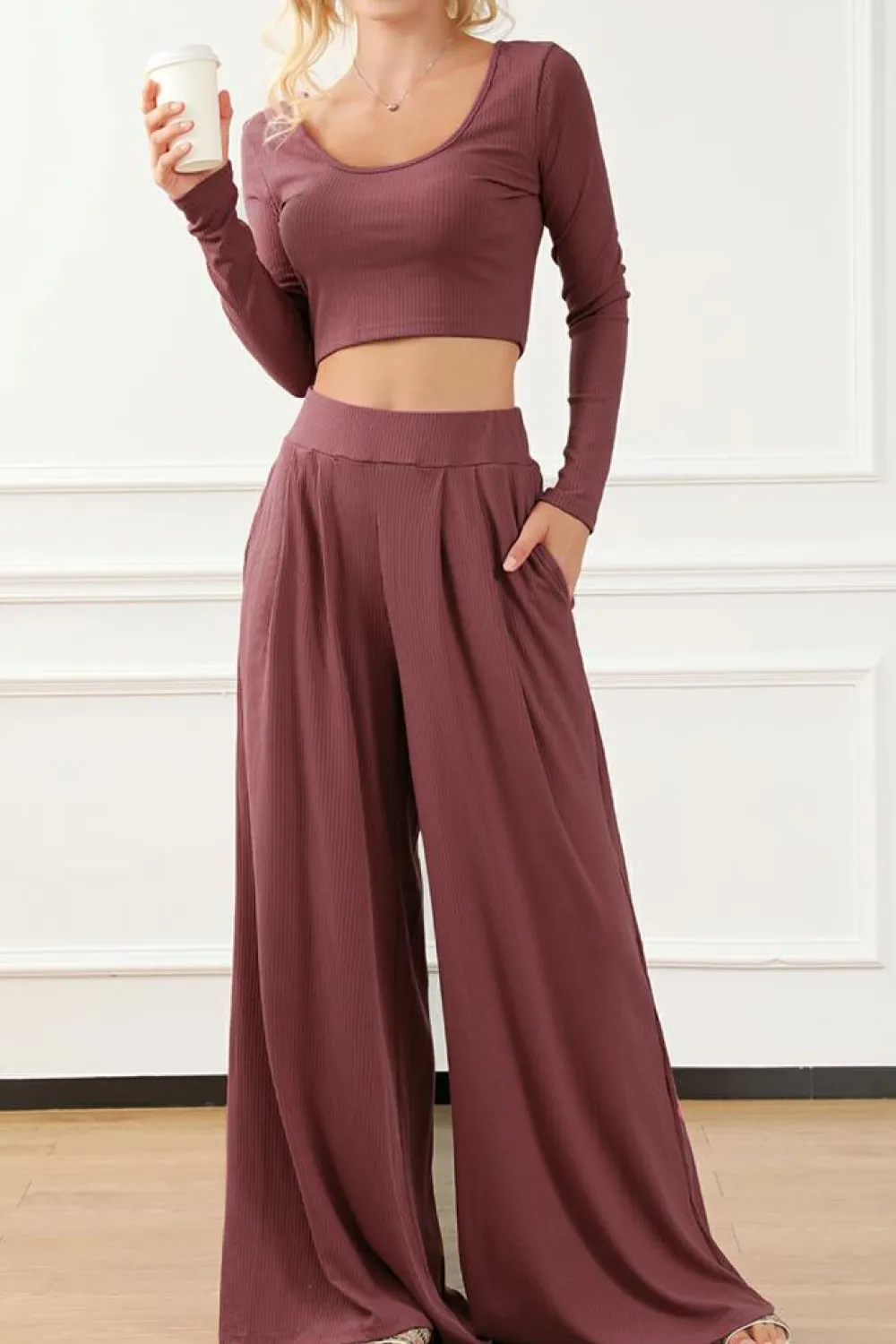 Best Dear-Lover Solid Color Ribbed Crop Top Long Pants Set Pink