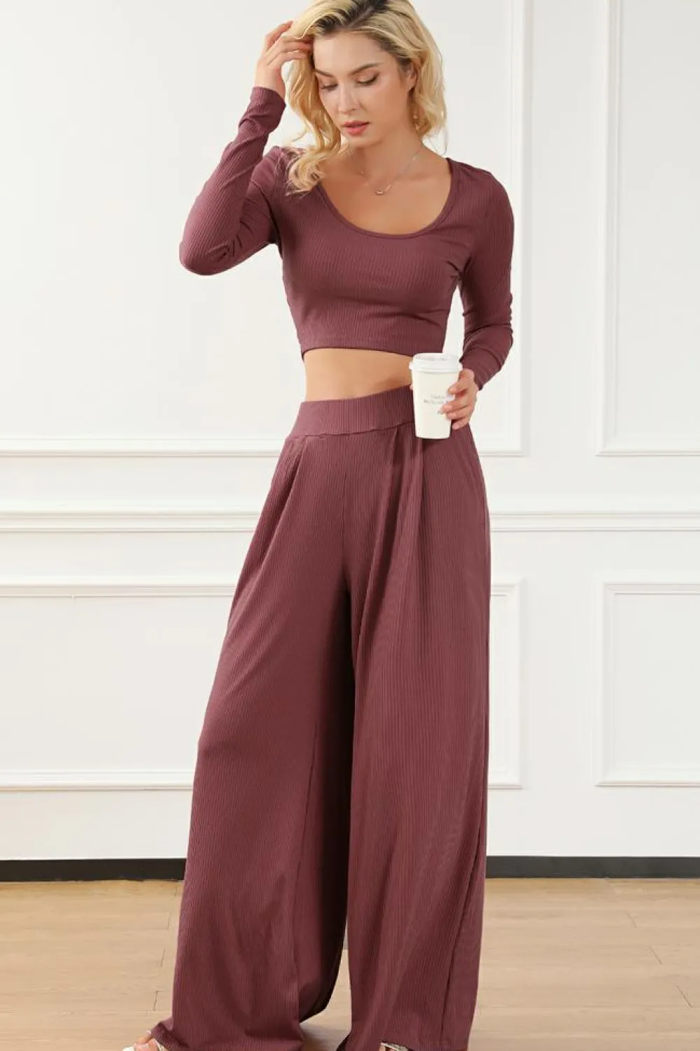 Best Dear-Lover Solid Color Ribbed Crop Top Long Pants Set Pink