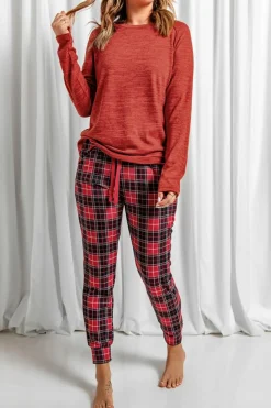 New Dear-Lover Solid Long Sleeve Top and Plaid Pants Loungewear Fiery Red