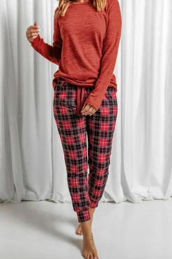 New Dear-Lover Solid Long Sleeve Top and Plaid Pants Loungewear Fiery Red
