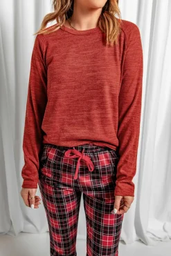New Dear-Lover Solid Long Sleeve Top and Plaid Pants Loungewear Fiery Red