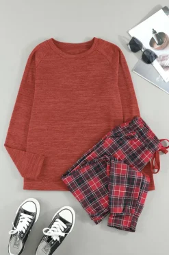 New Dear-Lover Solid Long Sleeve Top and Plaid Pants Loungewear Fiery Red