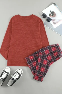 New Dear-Lover Solid Long Sleeve Top and Plaid Pants Loungewear Fiery Red