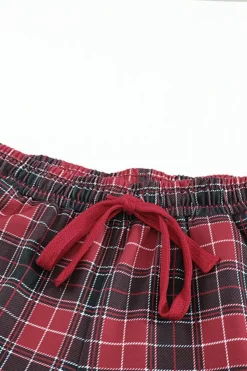 New Dear-Lover Solid Long Sleeve Top and Plaid Pants Loungewear Fiery Red
