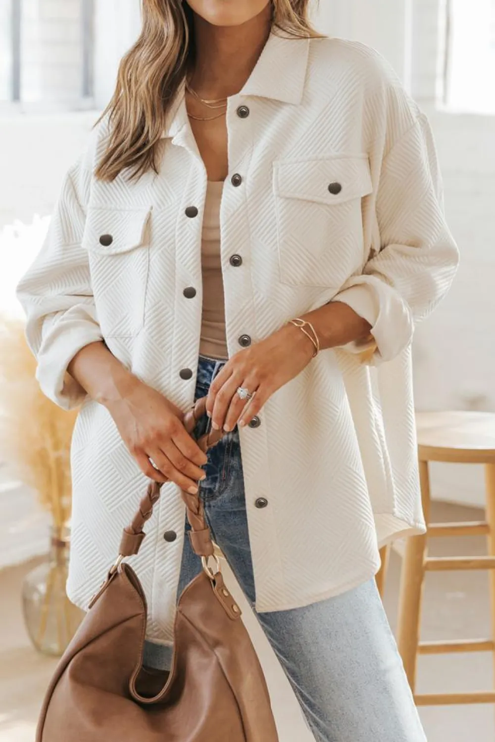 New Dear-Lover Solid Textured Flap Pocket Buttoned Shacket Beige