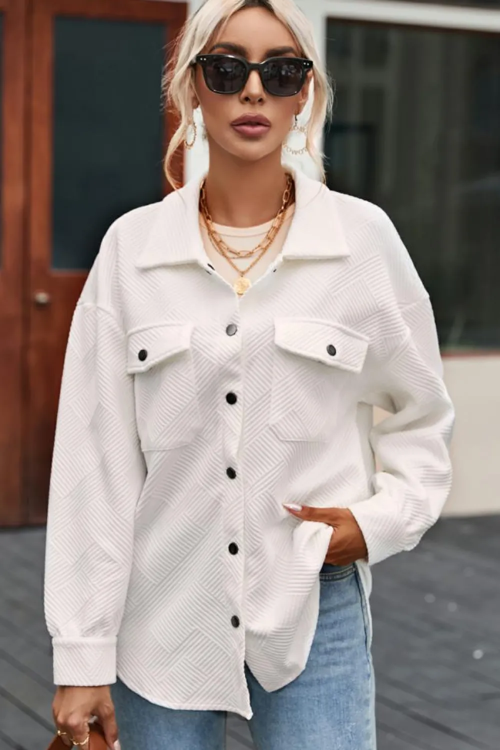 New Dear-Lover Solid Textured Flap Pocket Buttoned Shacket Beige