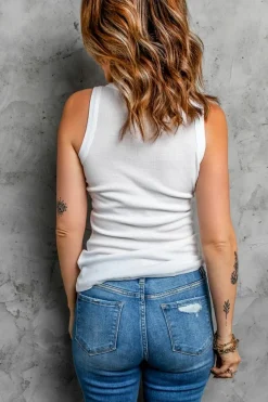 Fashion Dear-Lover Solid Round Neck Ribbed Tank Top White