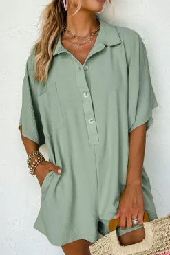 Clearance Dear-Lover Half Button Collared Loose Romper Spinach Green