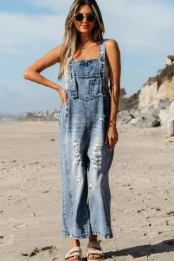 Best Dear-Lover Distressed Bib Pocket Wide Leg Denim Overall Stone Blue