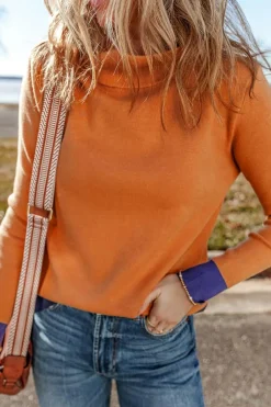 Sale Dear-Lover Color Contrast Edge Mock Neck Slim Fit Sweater Straw Yellow