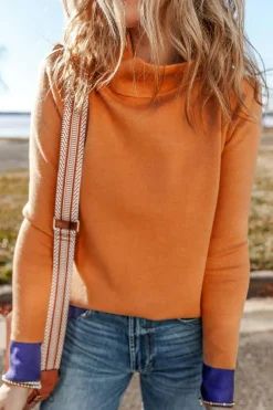 Sale Dear-Lover Color Contrast Edge Mock Neck Slim Fit Sweater Straw Yellow