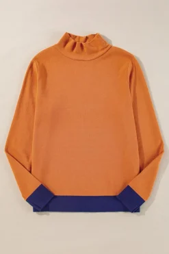 Sale Dear-Lover Color Contrast Edge Mock Neck Slim Fit Sweater Straw Yellow