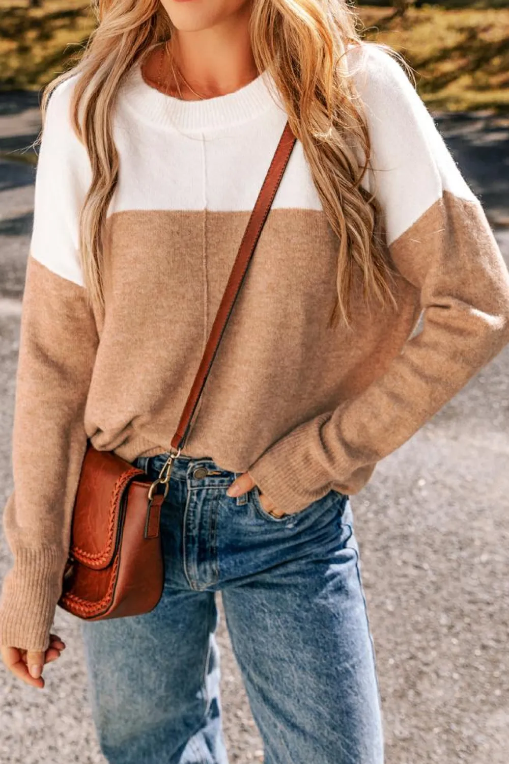Fashion Dear-Lover Colorblock Ribbed Trim Round Neck Sweater Straw Yellow