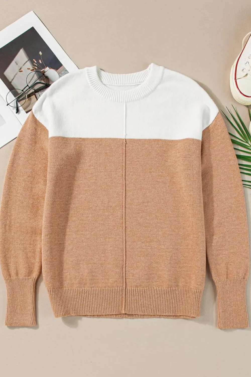 Fashion Dear-Lover Colorblock Ribbed Trim Round Neck Sweater Straw Yellow