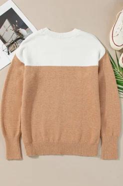 Fashion Dear-Lover Colorblock Ribbed Trim Round Neck Sweater Straw Yellow