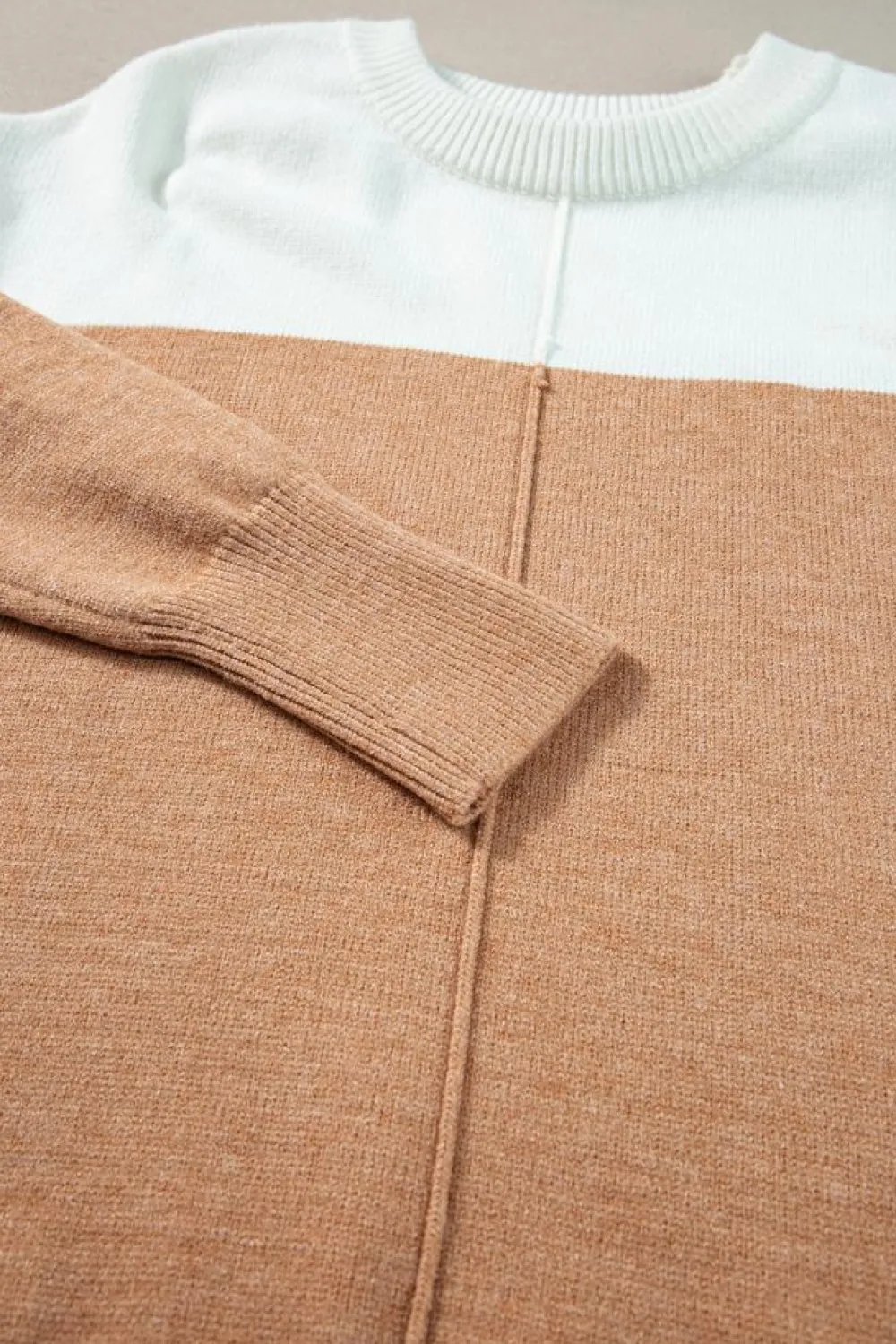 Fashion Dear-Lover Colorblock Ribbed Trim Round Neck Sweater Straw Yellow