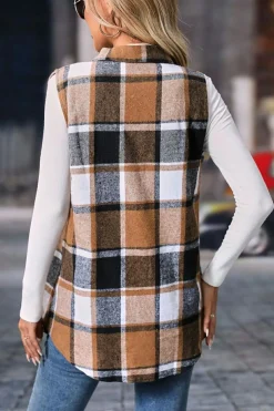 Fashion Dear-Lover Retro Plaid Button up Collared Vest Straw Yellow