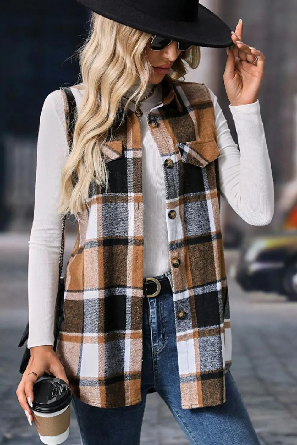 Fashion Dear-Lover Retro Plaid Button up Collared Vest Straw Yellow
