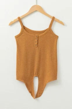 New Dear-Lover Ribbed Front Knot Buttoned Thin Strap Tank Top Straw Yellow