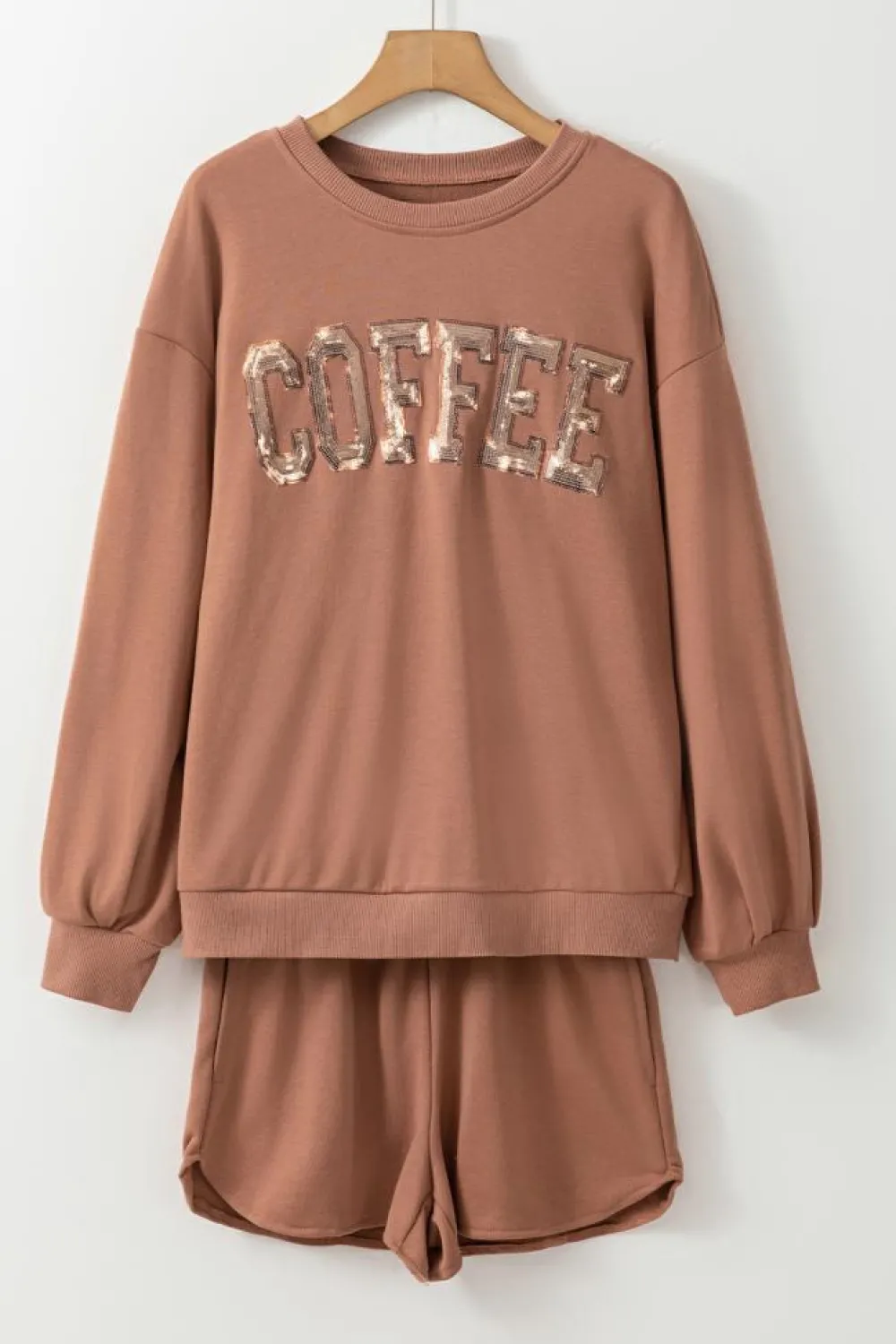 Discount Dear-Lover Sequined COFFEE Loose Fit Sweatshirt and Shorts Set Straw Yellow